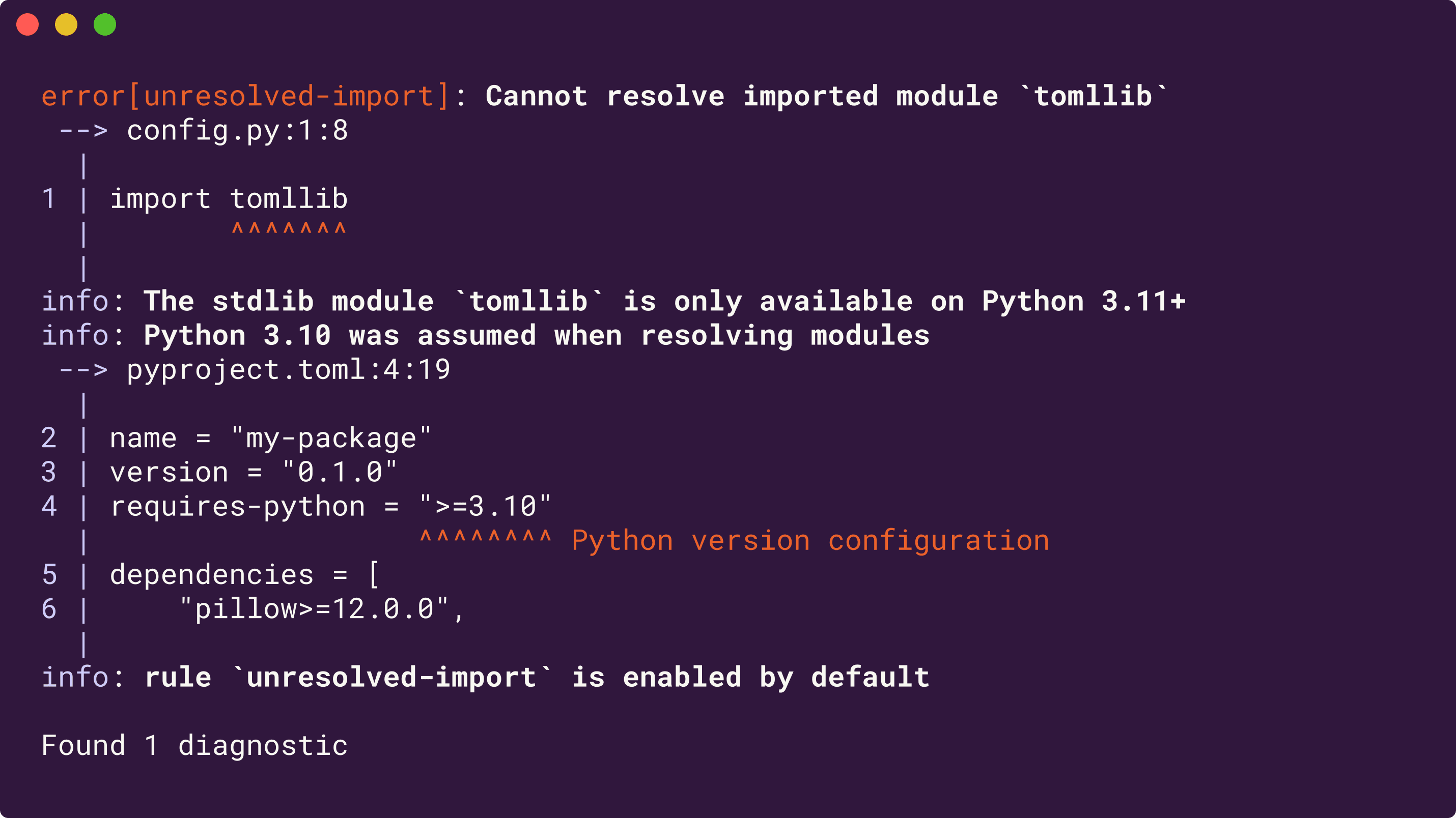ty diagnostic showing an unresolved import error for tomllib module with reference to Python version configuration