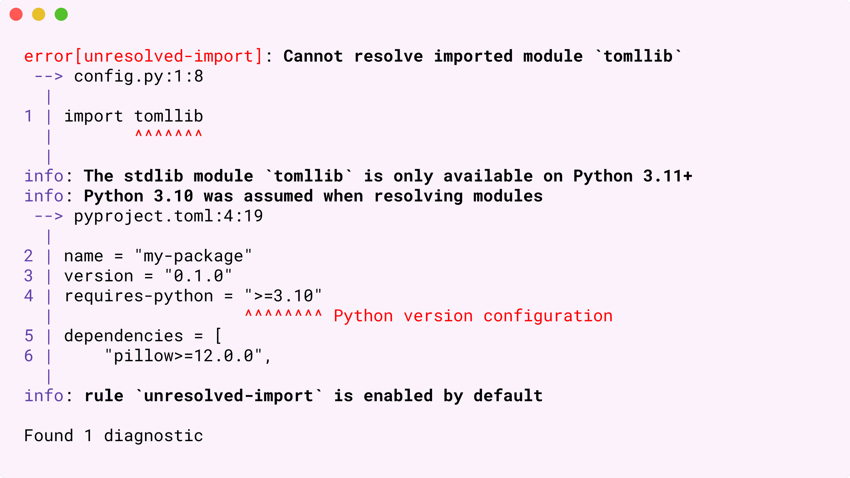 ty diagnostic showing an unresolved import error for tomllib module with reference to Python version configuration