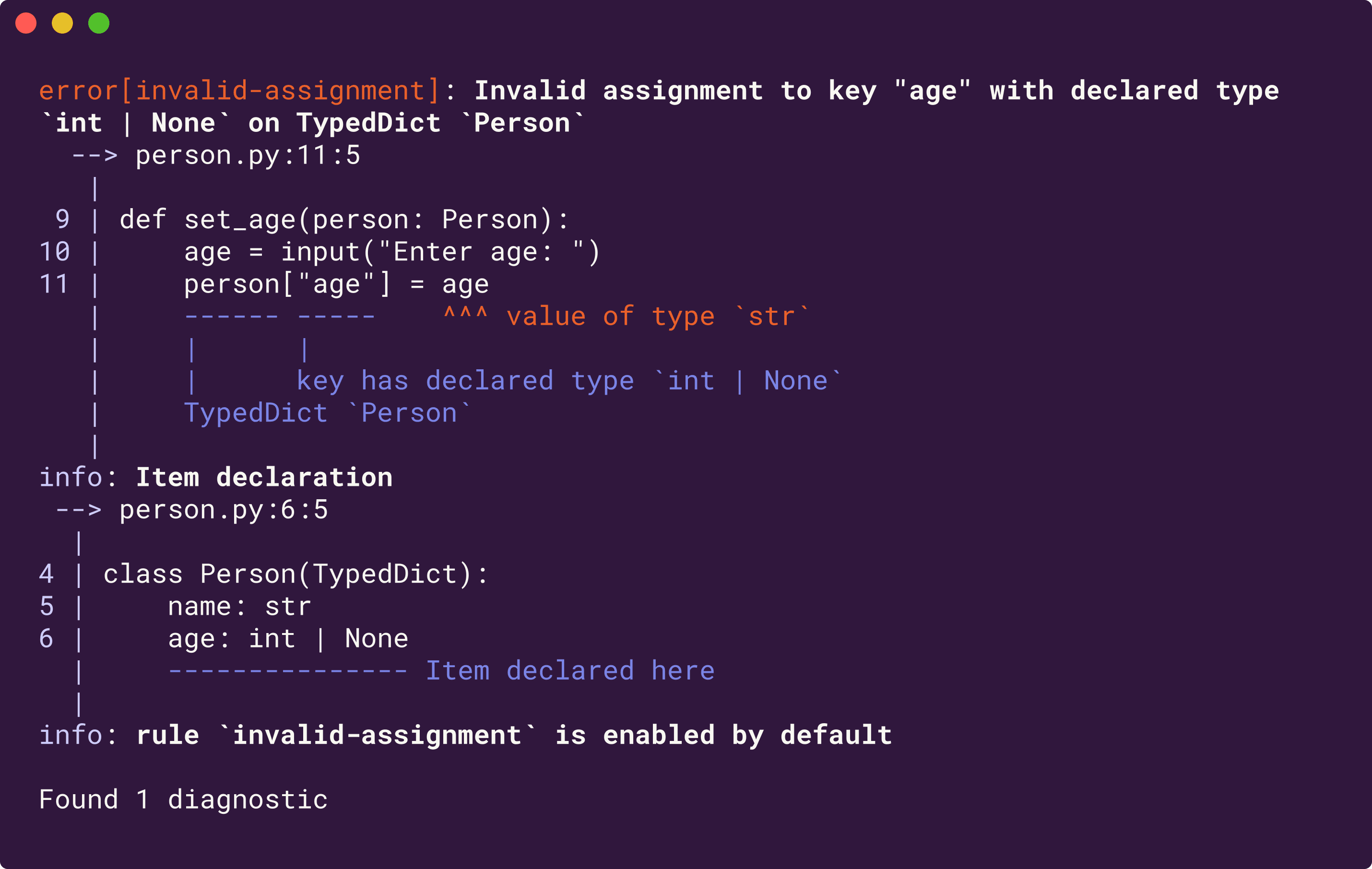ty diagnostic showing an invalid assignment error to a TypedDict key with reference to the item declaration