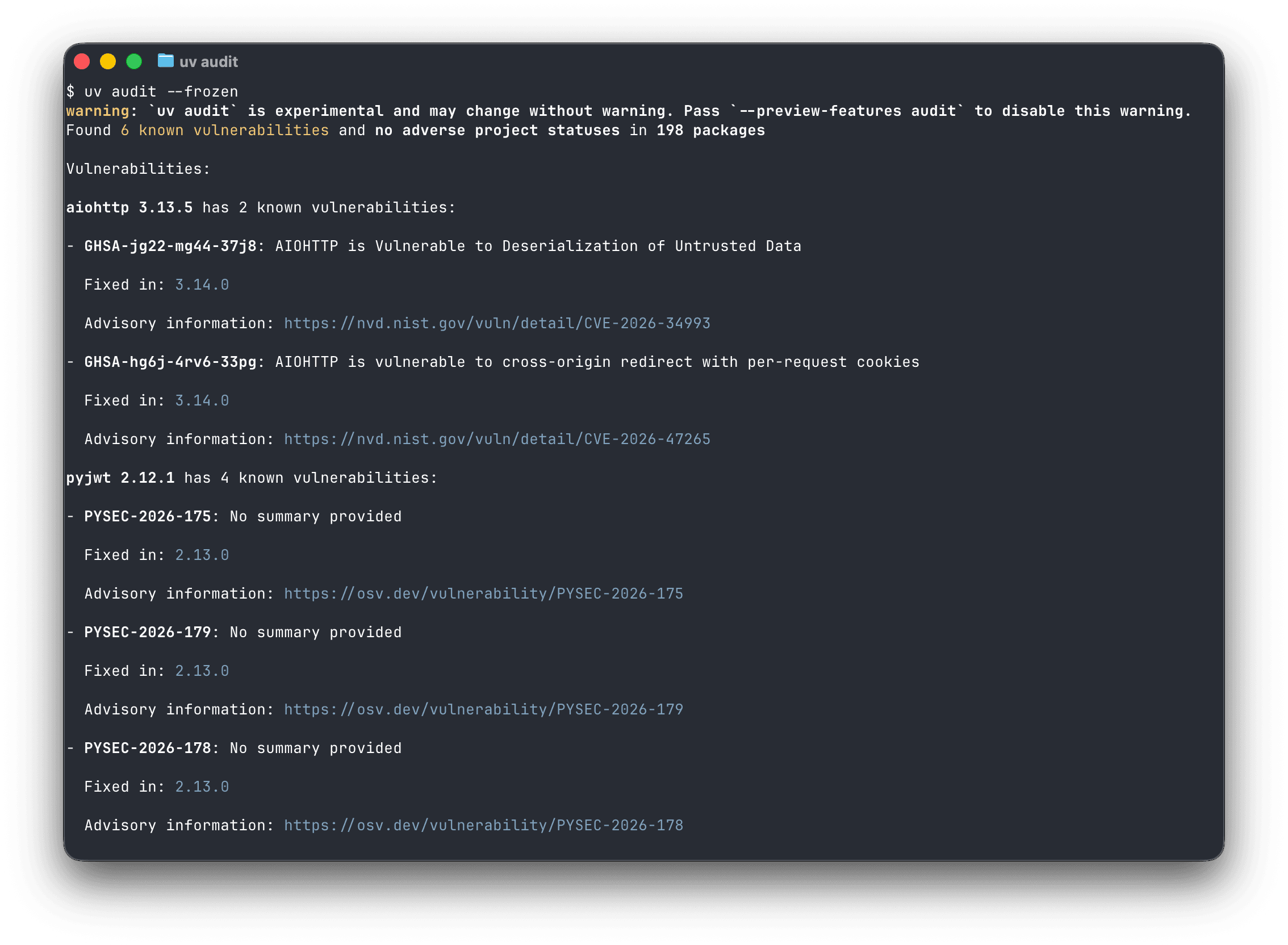 Output from uv audit, identifying vulnerabilities in dependencies on aiohttp and pyjwt